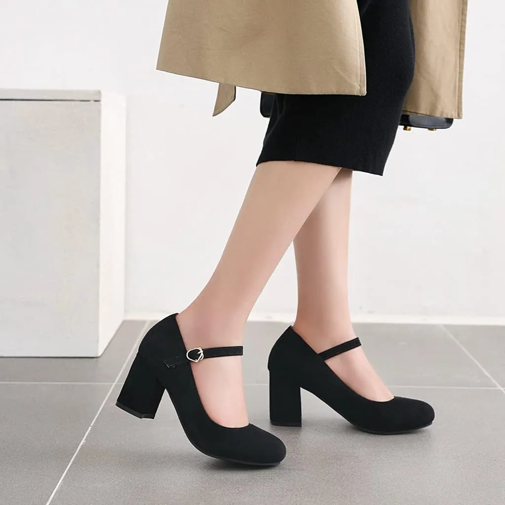 Women's Chunky Block Mid Heel Pumps Square Toe Bowknot Suede Comfort Slip-On Work Office Dress Shoes