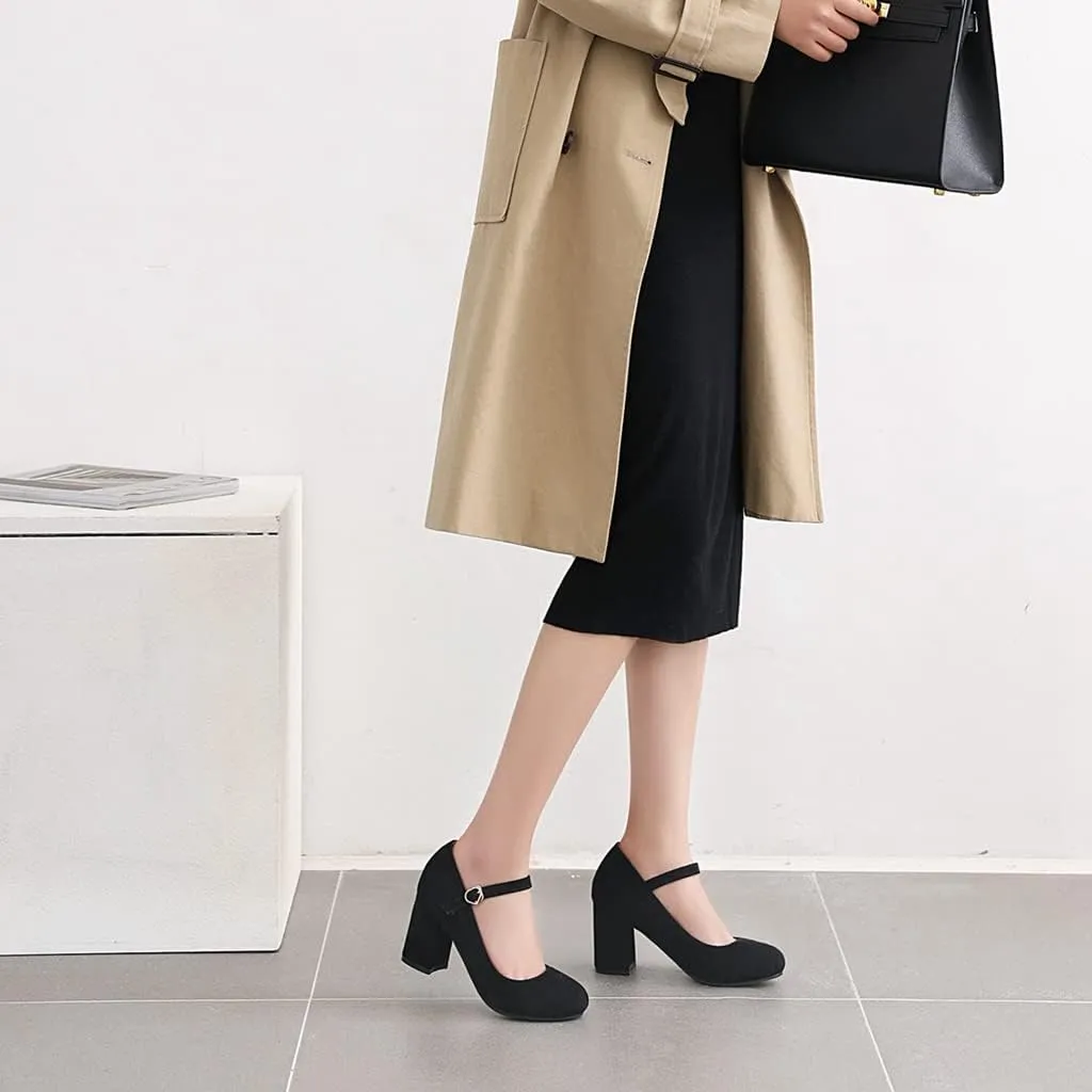 Women's Chunky Block Mid Heel Pumps Square Toe Bowknot Suede Comfort Slip-On Work Office Dress Shoes