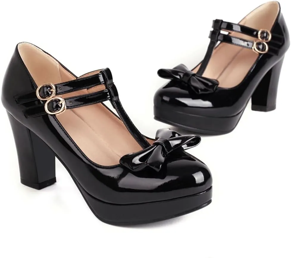 Women's Chunky High Heels T-Strap Bow Mary Jane Pumps Shoes Round Toe Platform Wedding Party Dress Shoe