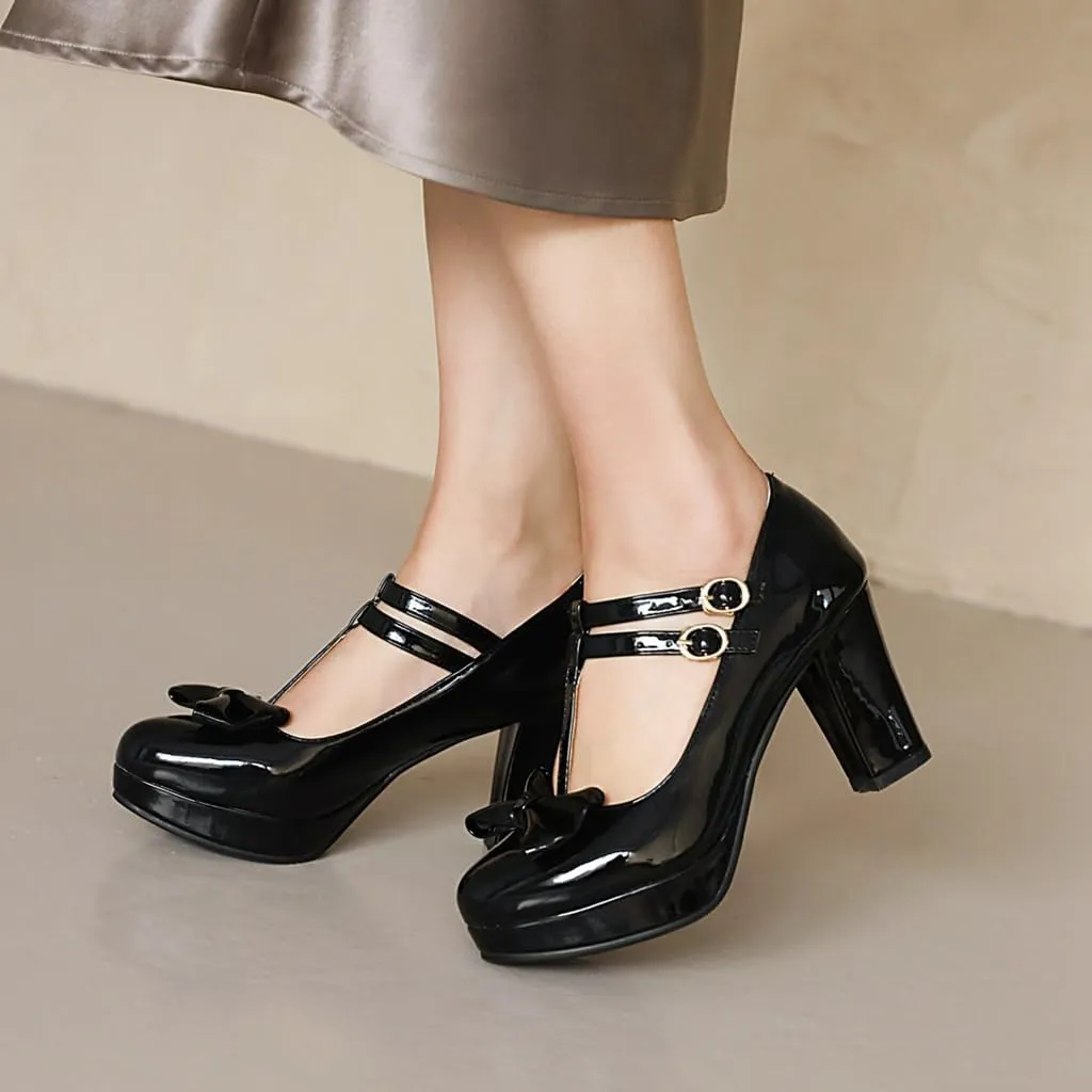 Women's Chunky High Heels T-Strap Bow Mary Jane Pumps Shoes Round Toe Platform Wedding Party Dress Shoe