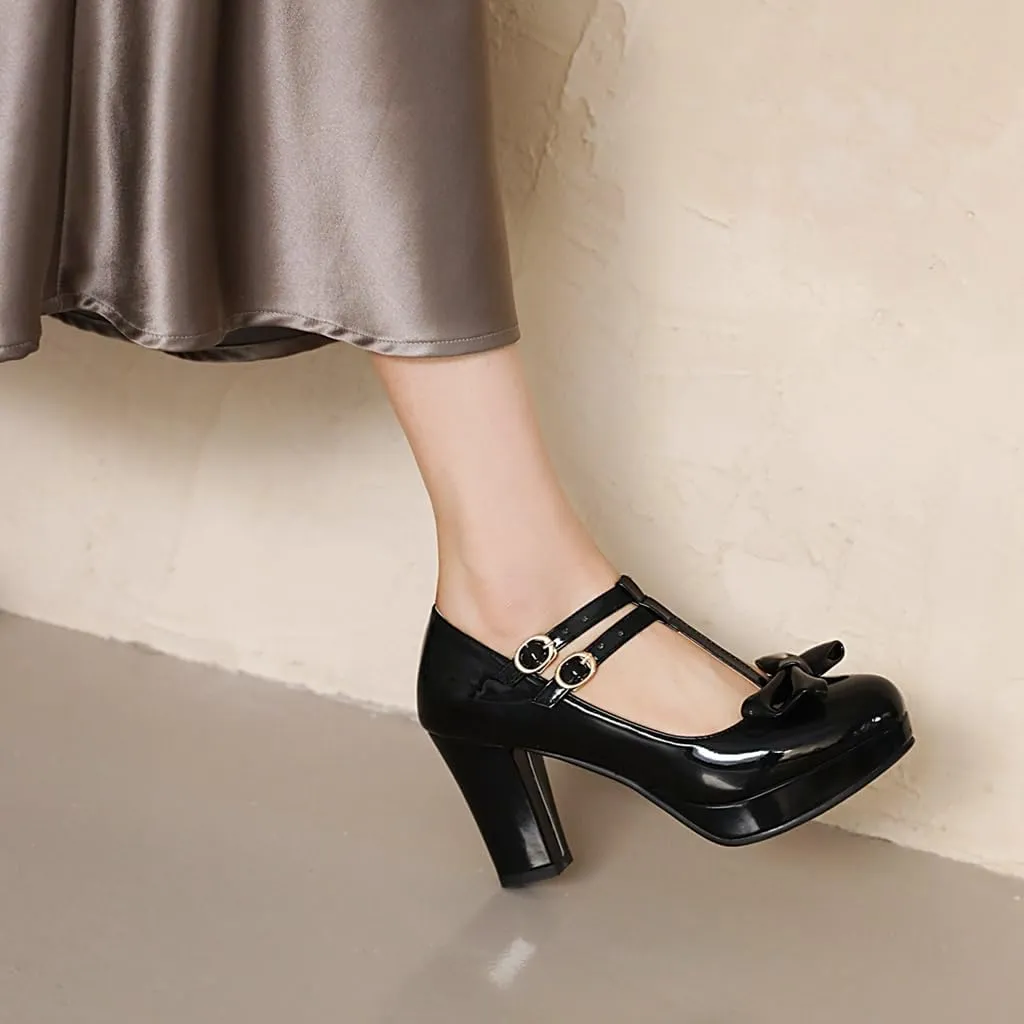 Women's Chunky High Heels T-Strap Bow Mary Jane Pumps Shoes Round Toe Platform Wedding Party Dress Shoe