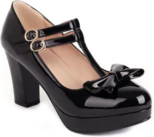 Women's Chunky High Heels T-Strap Bow Mary Jane Pumps Shoes Round Toe Platform Wedding Party Dress Shoe