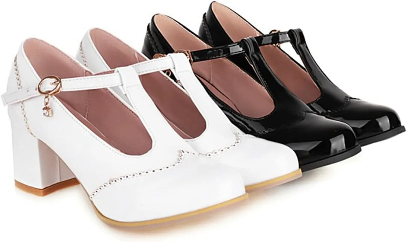 Women's Classic T-Strap Pumps PU Leather Round Toe Chunky Block Heel Retro Vintage Dress Oxford Shoes