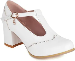 Women's Classic T-Strap Pumps PU Leather Round Toe Chunky Block Heel Retro Vintage Dress Oxford Shoes