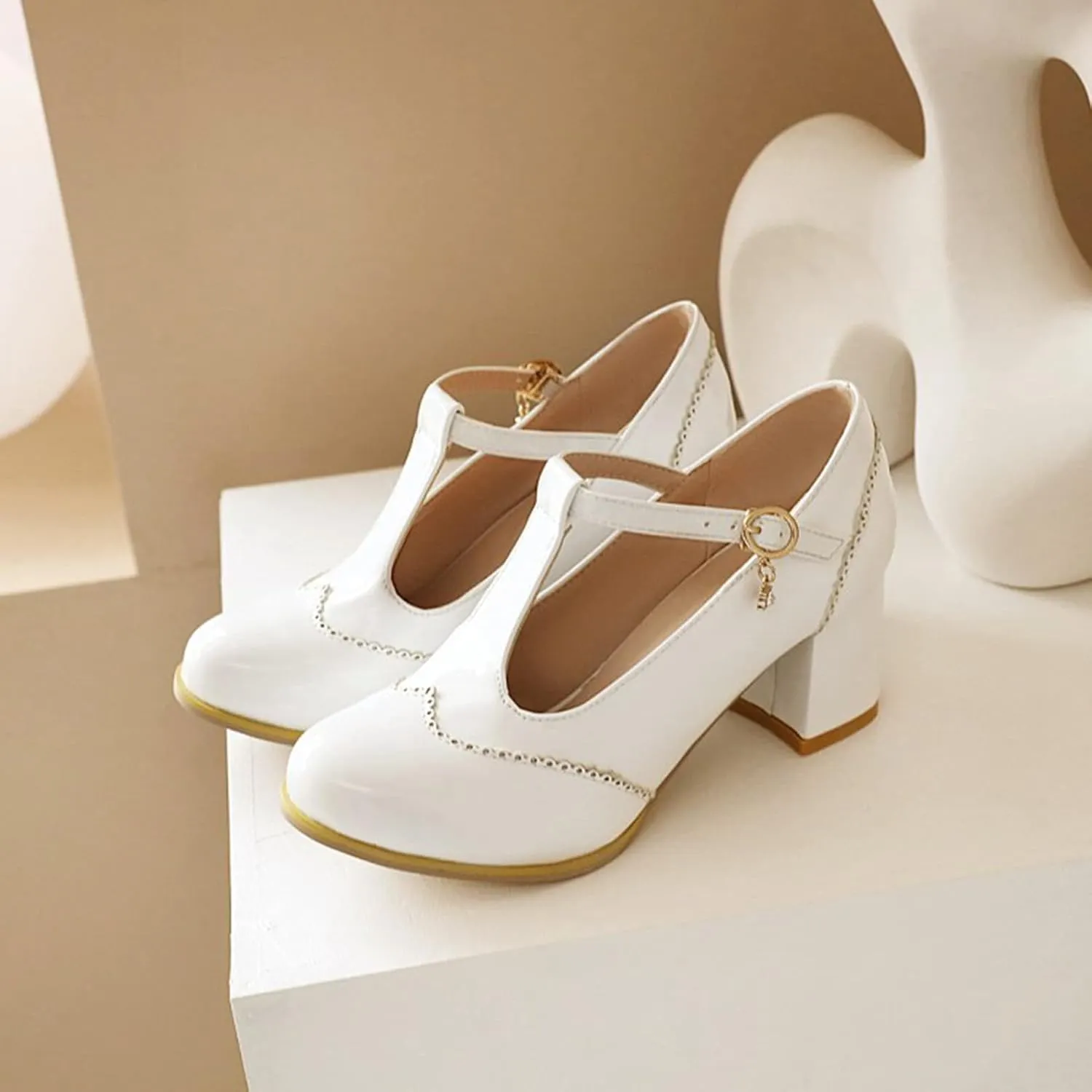 Women's Classic T-Strap Pumps PU Leather Round Toe Chunky Block Heel Retro Vintage Dress Oxford Shoes