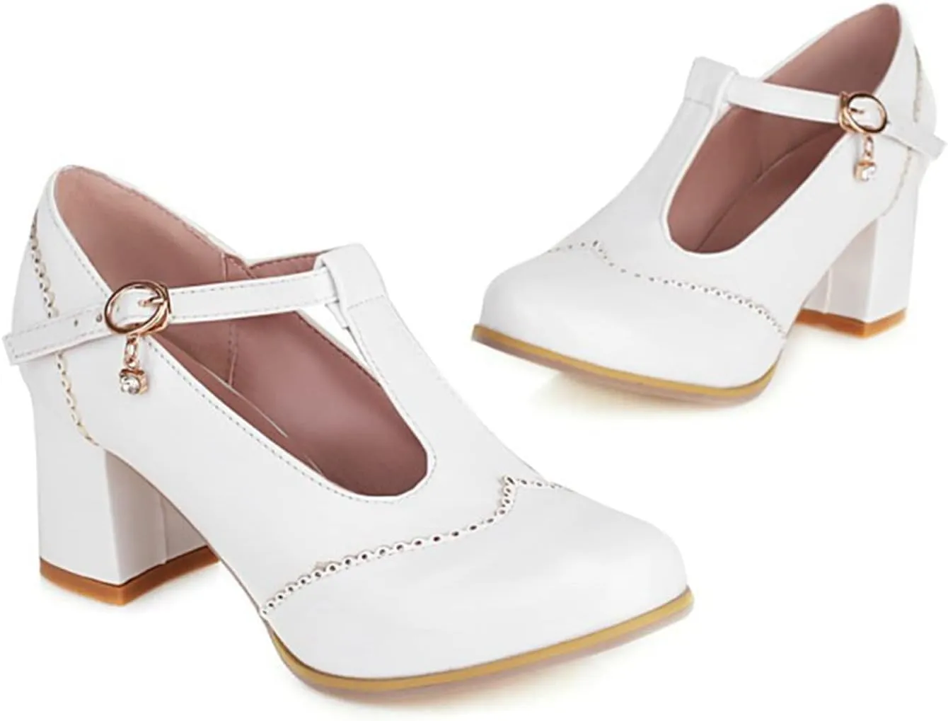 Women's Classic T-Strap Pumps PU Leather Round Toe Chunky Block Heel Retro Vintage Dress Oxford Shoes