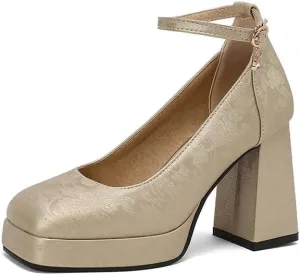 Women's Glossy Ankle Strap Square Toe High Heel Platform Pumps