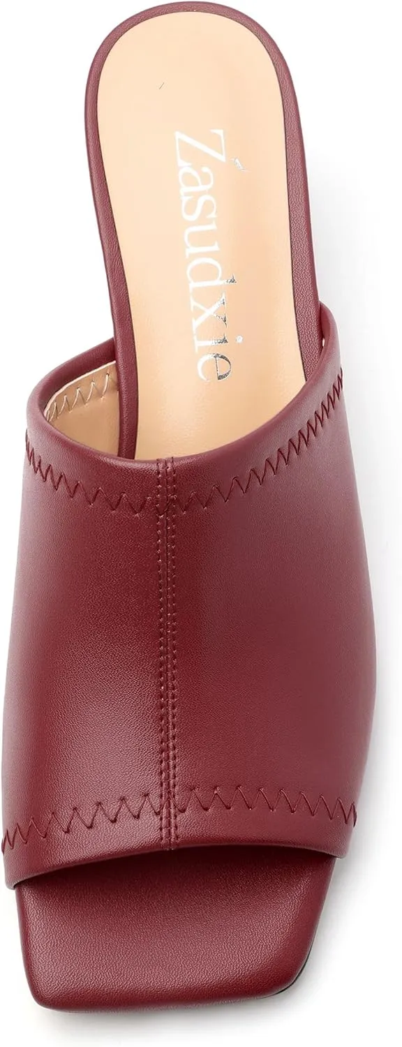 Womens Kitten Heel Open Square Toe Slip-on Sandals Casual Fashion Dress Summer Mules Shoes 2 Inches Heels