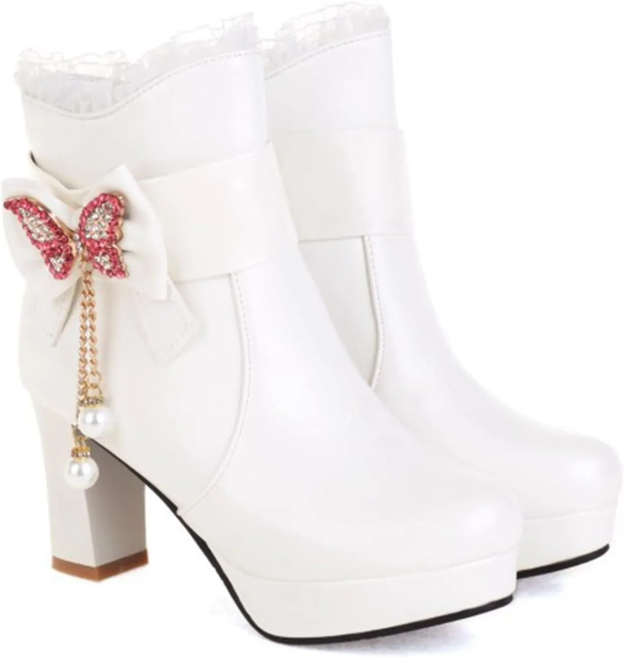 Womens Lace Rhinestone Bow Ankle Boots PU Leather Round Toe Chunky High Heels Zipper Booties Dress Wedding Fall Booties Shoes