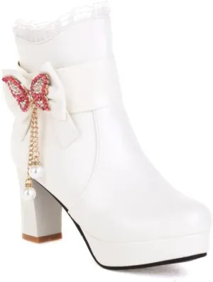 Womens Lace Rhinestone Bow Ankle Boots PU Leather Round Toe Chunky High Heels Zipper Booties Dress Wedding Fall Booties Shoes