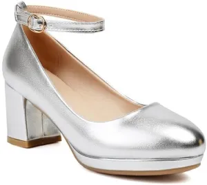 Women's Patent Leather Platform Square Heel Ankle Strap Pumps