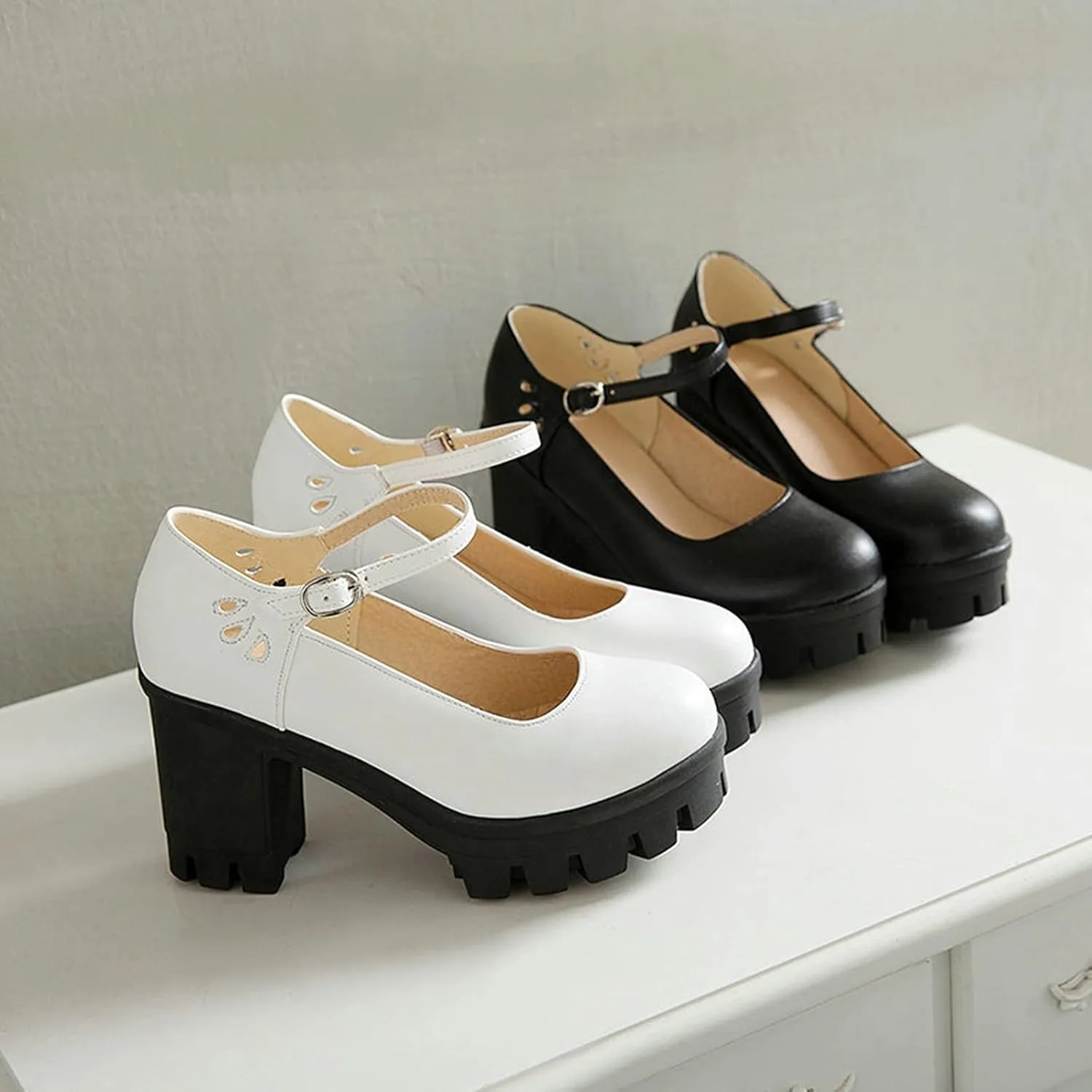 Women's Platform Mary Jane Pumps Round Toe Oxfords Ankle Strap Block High Heel Office Dress Shoes