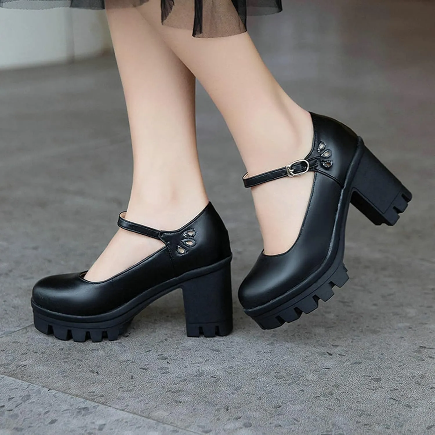 Women's Platform Mary Jane Pumps Round Toe Oxfords Ankle Strap Block High Heel Office Dress Shoes
