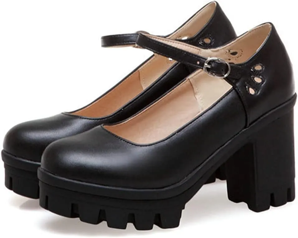Women's Platform Mary Jane Pumps Round Toe Oxfords Ankle Strap Block High Heel Office Dress Shoes