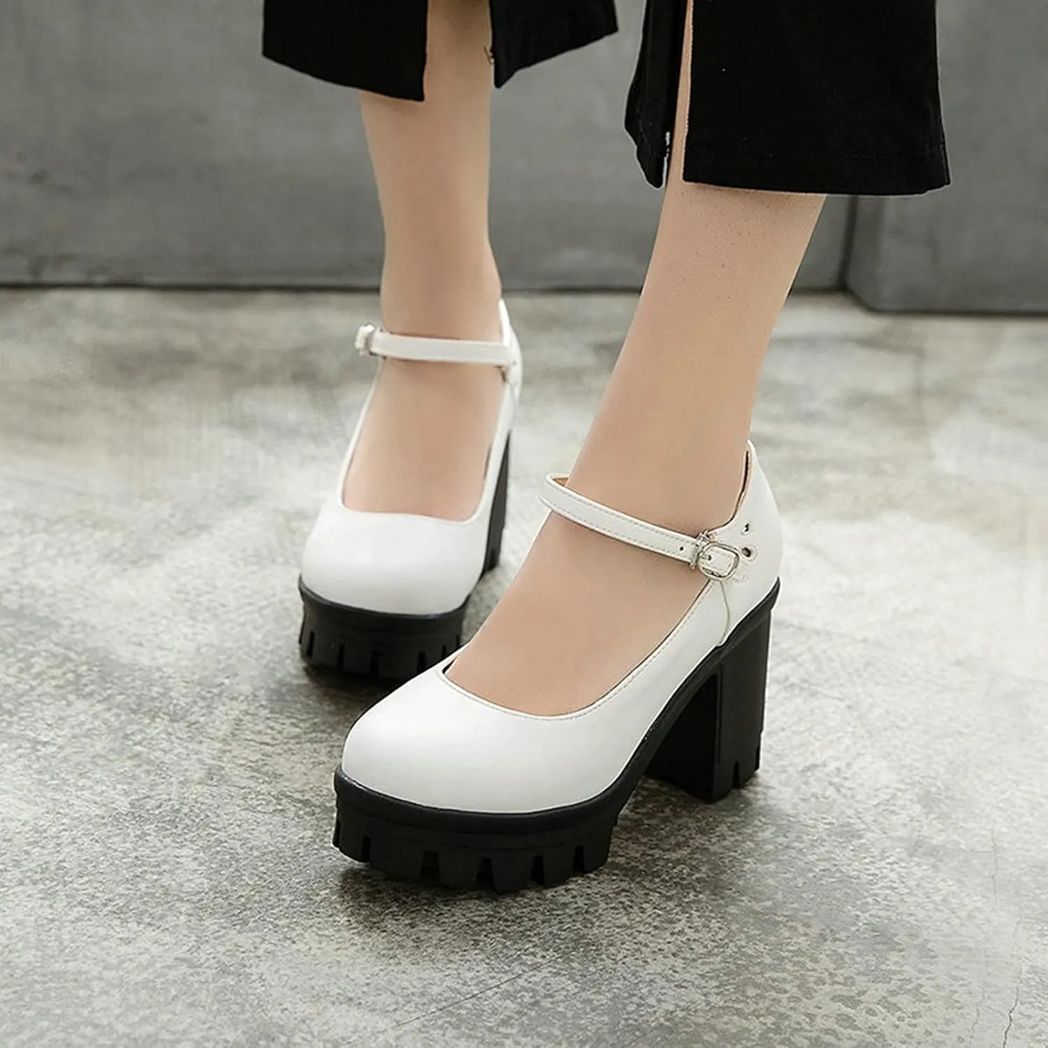 Women's Platform Mary Jane Pumps Round Toe Oxfords Ankle Strap Block High Heel Office Dress Shoes