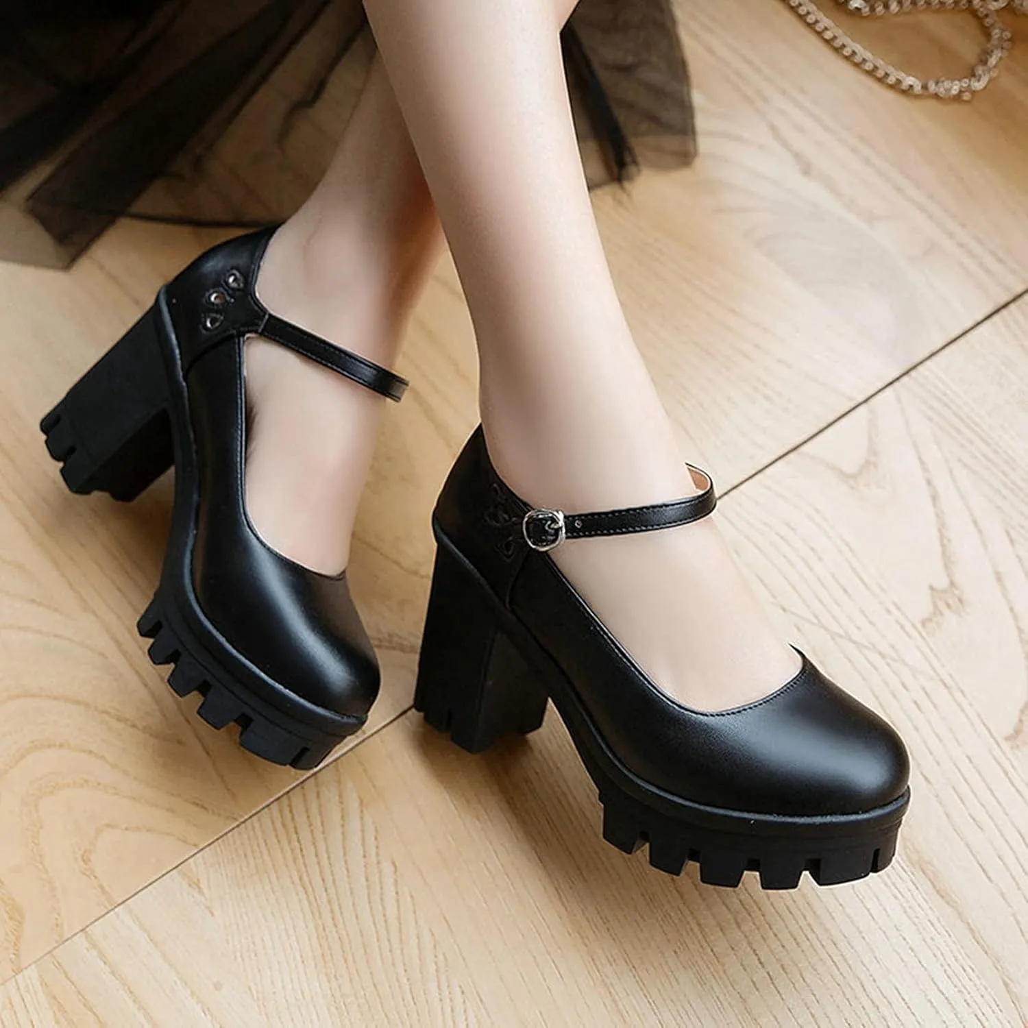 Women's Platform Mary Jane Pumps Round Toe Oxfords Ankle Strap Block High Heel Office Dress Shoes