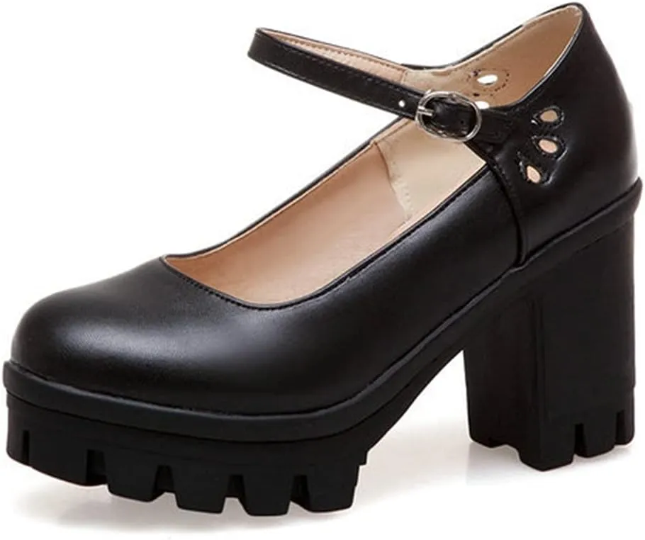 Women's Platform Mary Jane Pumps Round Toe Oxfords Ankle Strap Block High Heel Office Dress Shoes