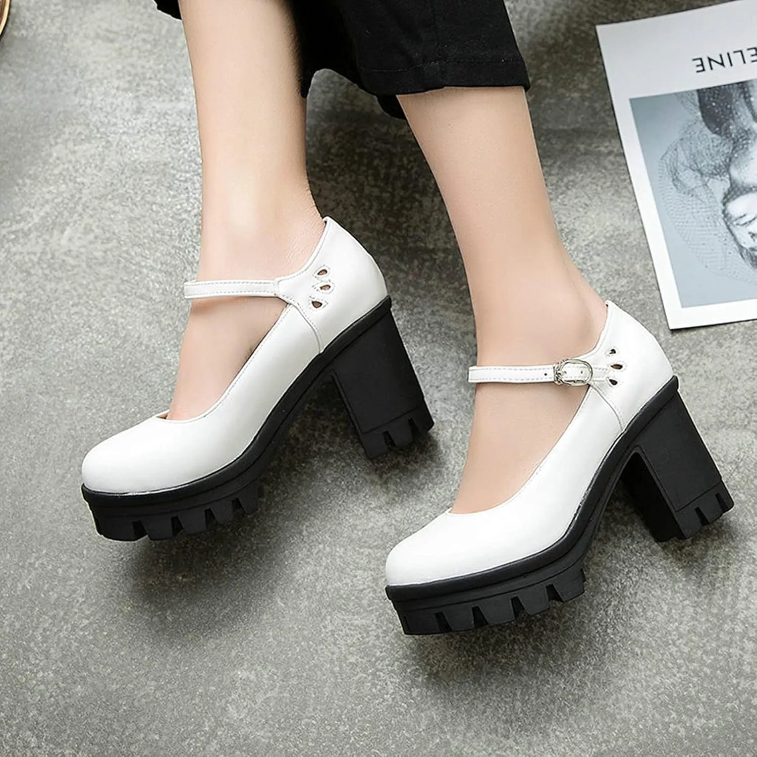 Women's Platform Mary Jane Pumps Round Toe Oxfords Ankle Strap Block High Heel Office Dress Shoes