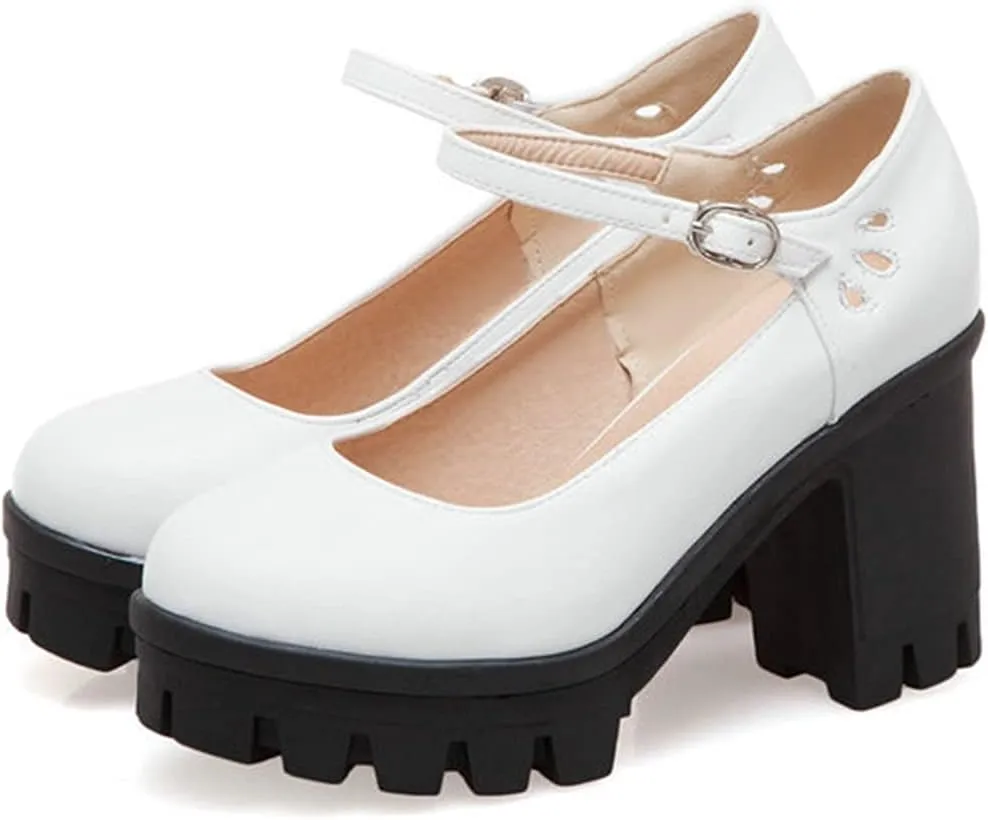 Women's Platform Mary Jane Pumps Round Toe Oxfords Ankle Strap Block High Heel Office Dress Shoes