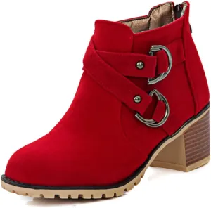 Women's Round Toe Buckle Dressy Ankle Boots Back Zipper Stacked Mid Heel Dress Office Short Booties