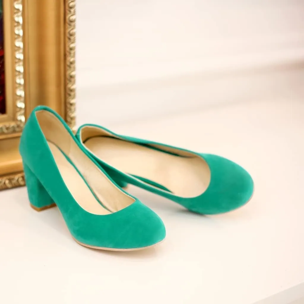 Women's Round Toe Chunky Block Mid Heel Pumps Suede Slip-On Casual Comfort Work Office Dress Shoes
