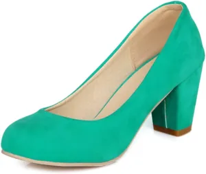 Women's Round Toe Chunky Block Mid Heel Pumps Suede Slip-On Casual Comfort Work Office Dress Shoes