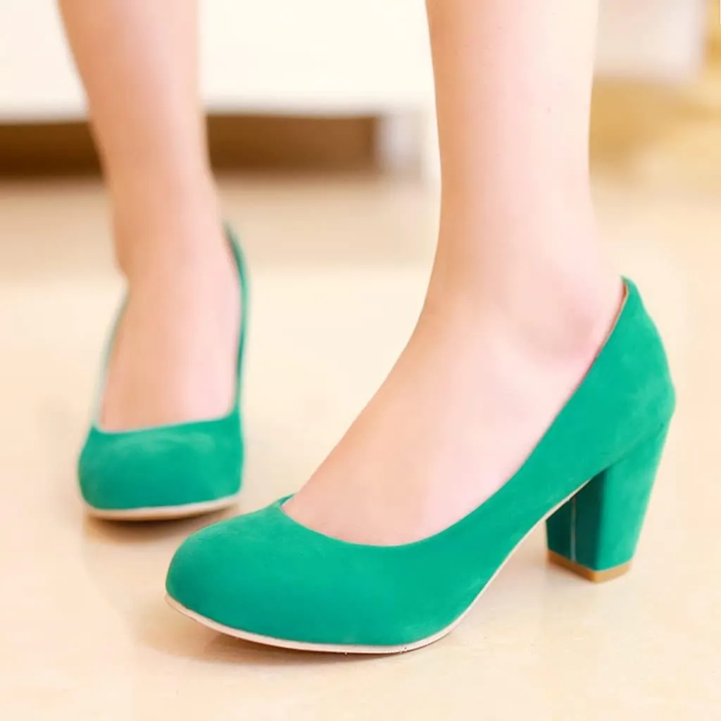 Women's Round Toe Chunky Block Mid Heel Pumps Suede Slip-On Casual Comfort Work Office Dress Shoes