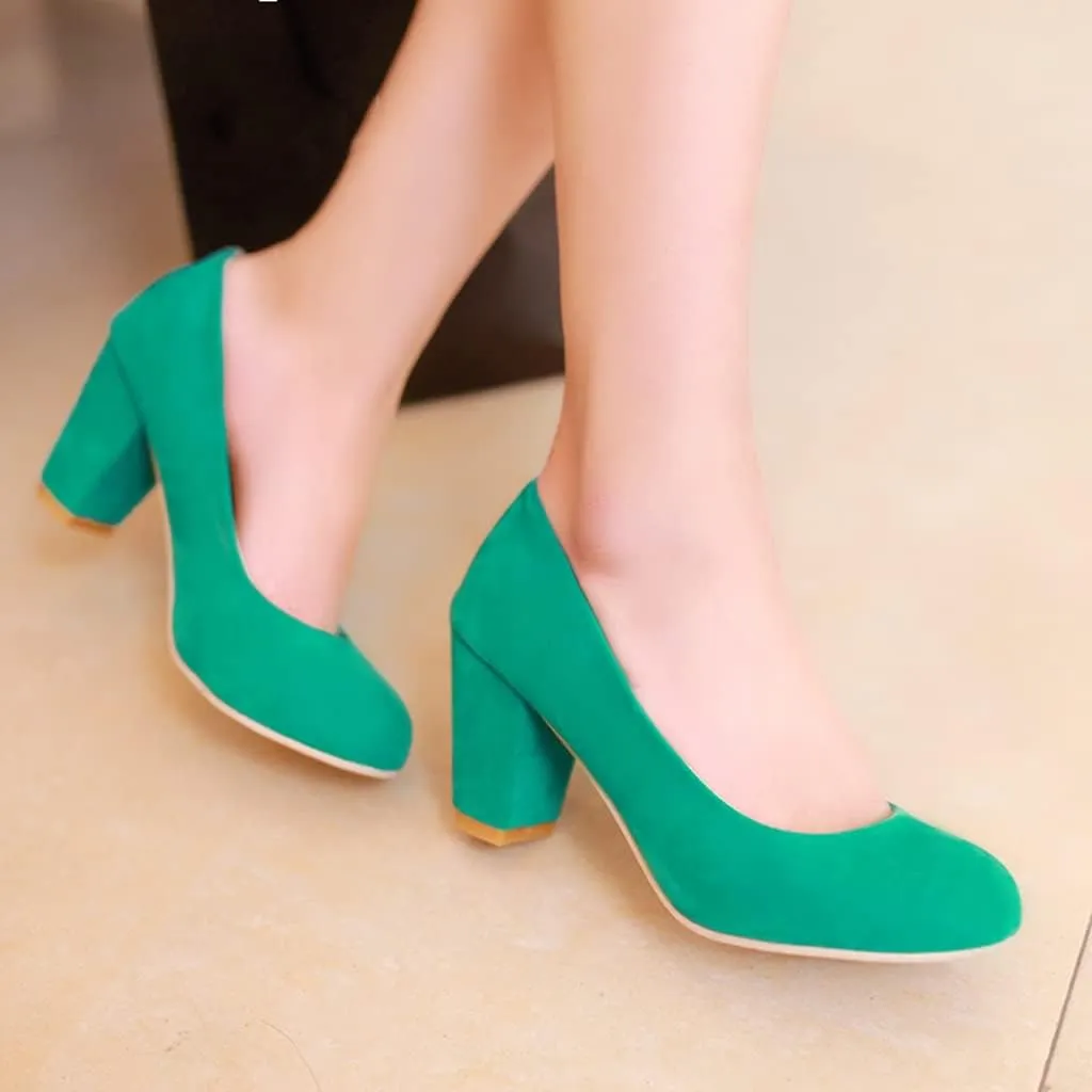 Women's Round Toe Chunky Block Mid Heel Pumps Suede Slip-On Casual Comfort Work Office Dress Shoes