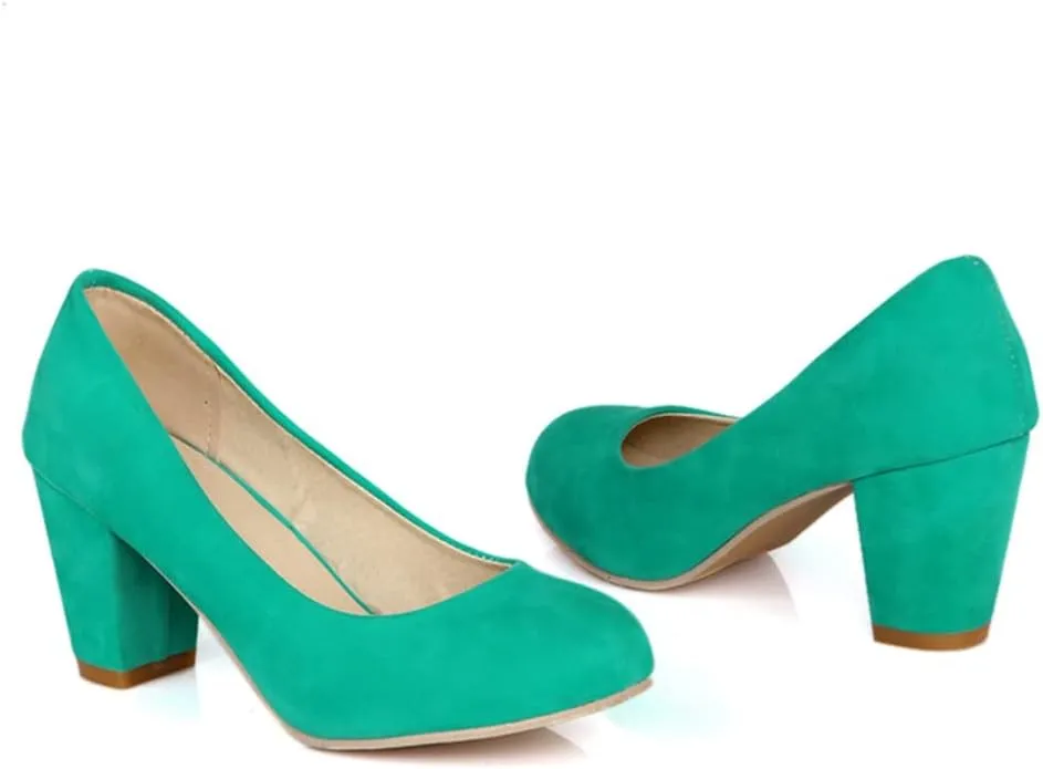 Women's Round Toe Chunky Block Mid Heel Pumps Suede Slip-On Casual Comfort Work Office Dress Shoes