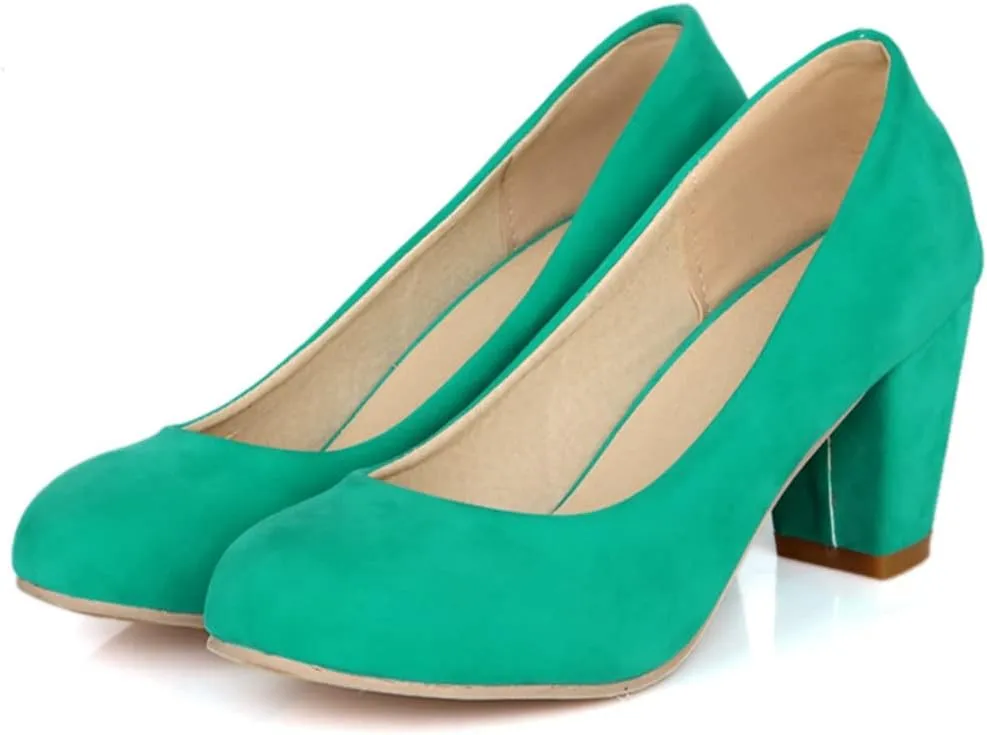 Women's Round Toe Chunky Block Mid Heel Pumps Suede Slip-On Casual Comfort Work Office Dress Shoes