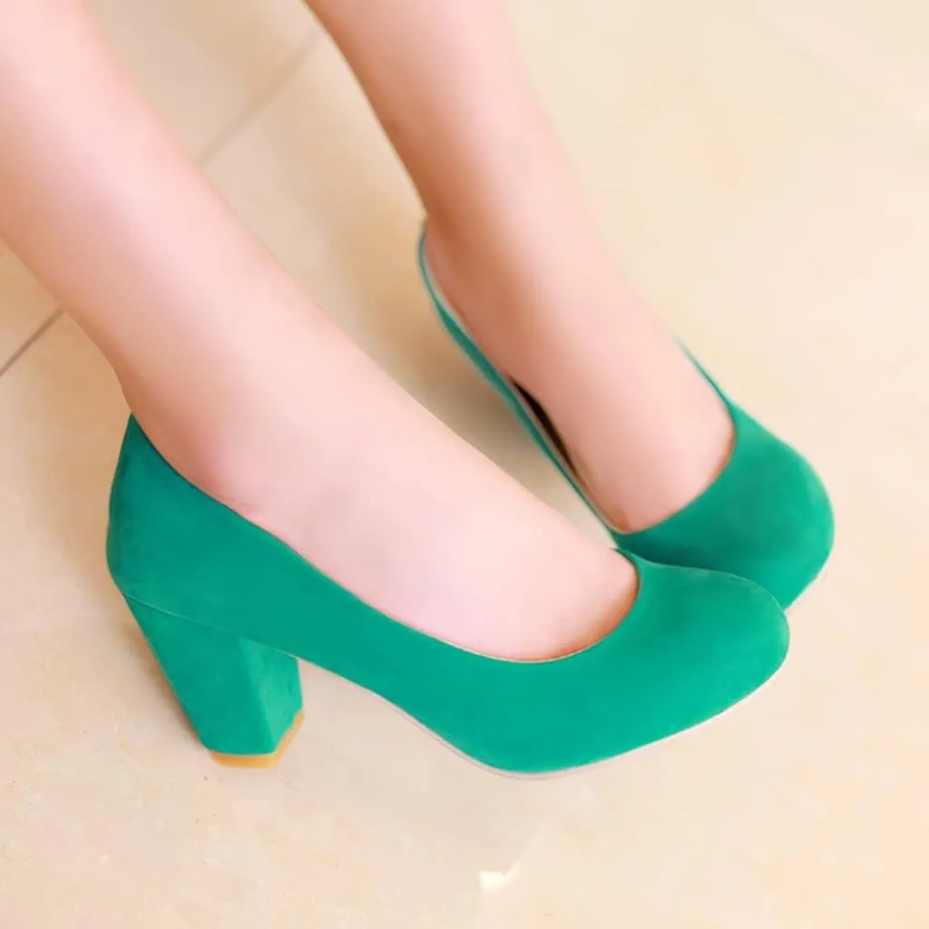 Women's Round Toe Chunky Block Mid Heel Pumps Suede Slip-On Casual Comfort Work Office Dress Shoes