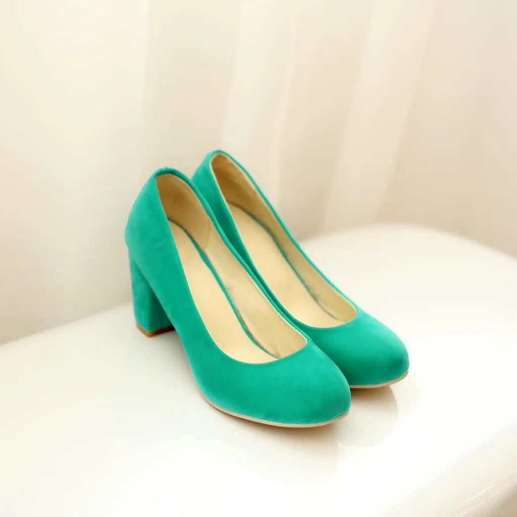 Women's Round Toe Chunky Block Mid Heel Pumps Suede Slip-On Casual Comfort Work Office Dress Shoes