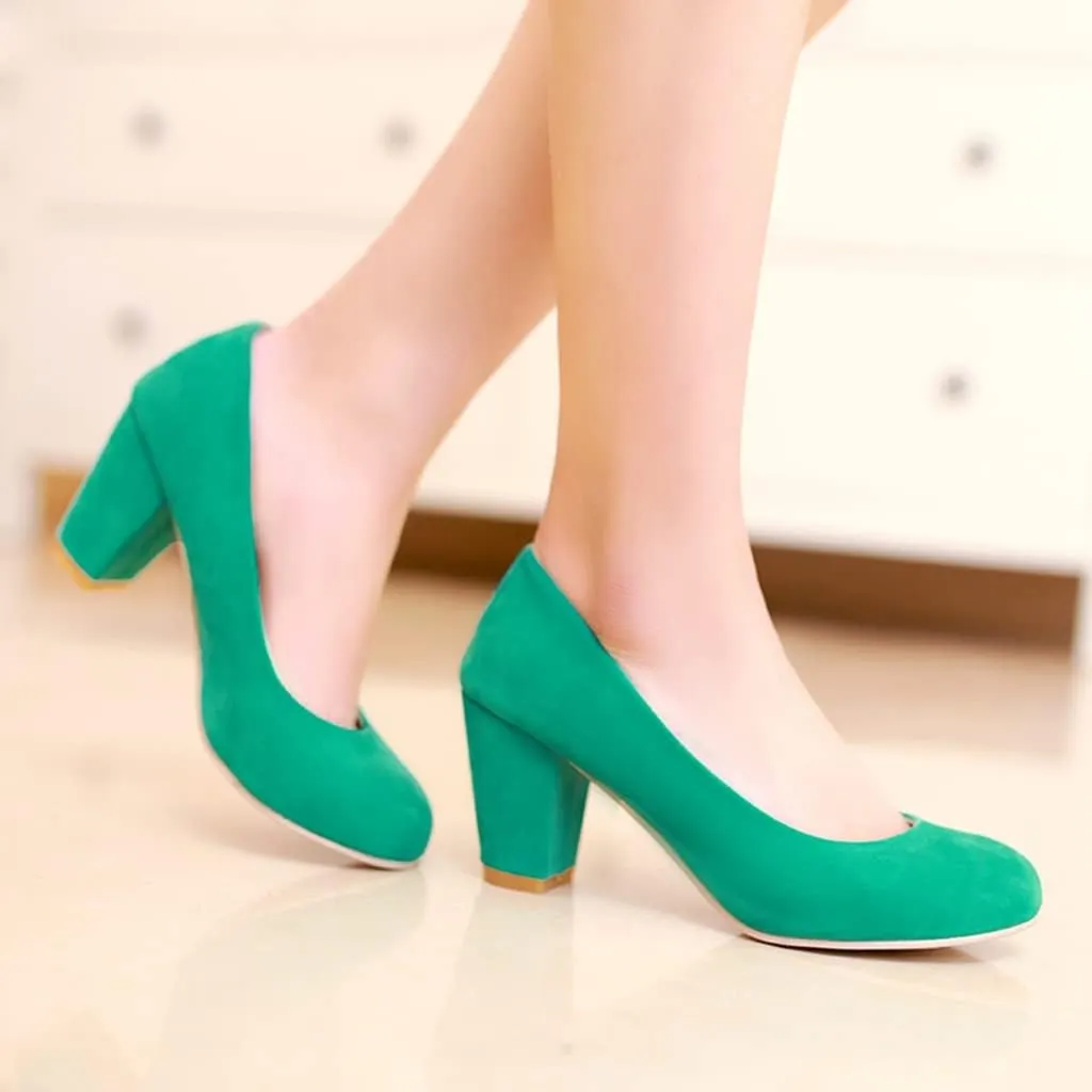 Women's Round Toe Chunky Block Mid Heel Pumps Suede Slip-On Casual Comfort Work Office Dress Shoes