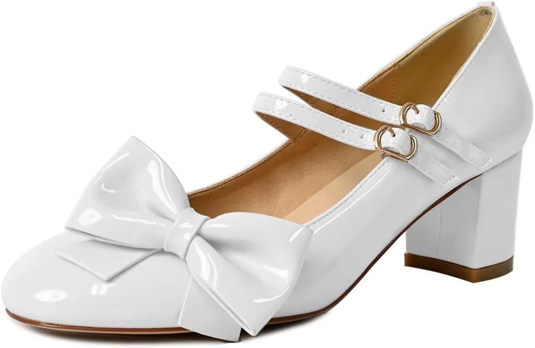 YDN Women Cute Round Toe Block Chunky Heel Mary Janes Double Row Buckle Strap Dress Lolita Pumps Cosplay School Dress Shoes Size 4-15 US